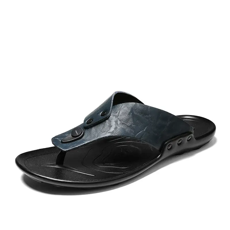 Men's Black Leather Flip Flops Summer Sandals