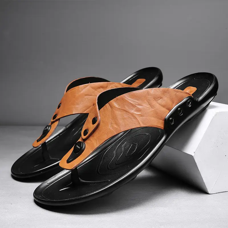 Men's Black Leather Flip Flops Summer Sandals — feature 1