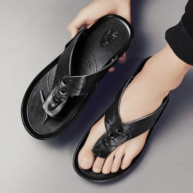 Men's Black Leather Flip Flops Summer Sandals — feature 2