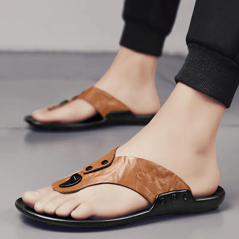 Men's Black Leather Flip Flops Summer Sandals