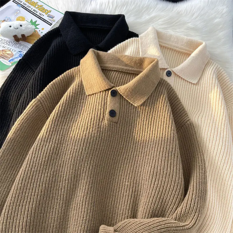 Japanese Retro Polo Collar Sweater Men's Solid Color Oversize 2022 - Image 5
