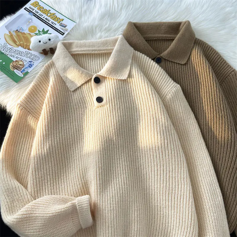 Japanese Retro Polo Collar Sweater Men's Solid Color Oversize 2022 - Image 6