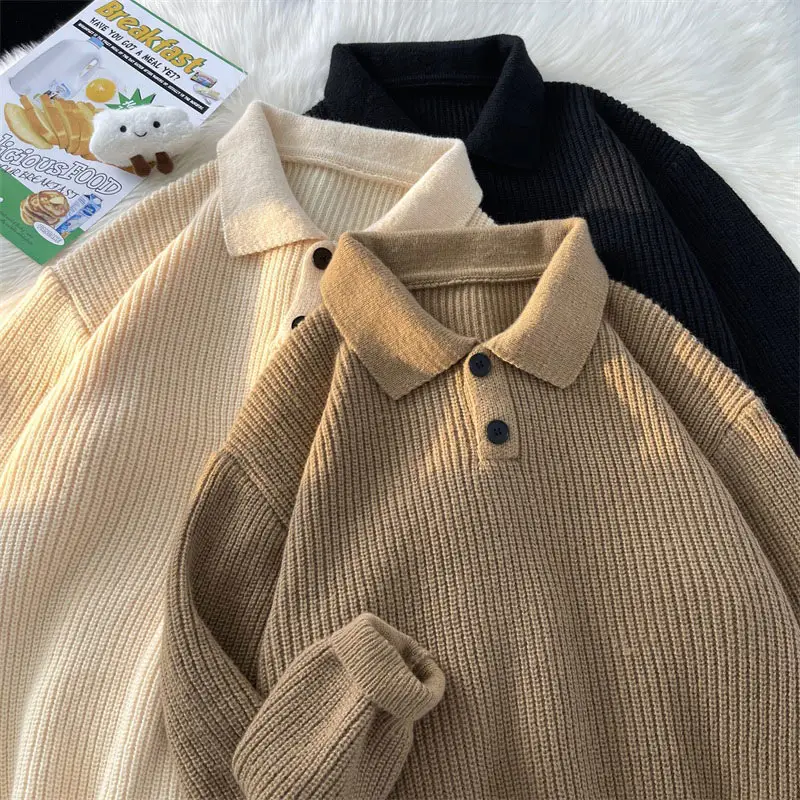 Japanese Retro Polo Collar Sweater Men's Solid Color Oversize 2022 - Image 7