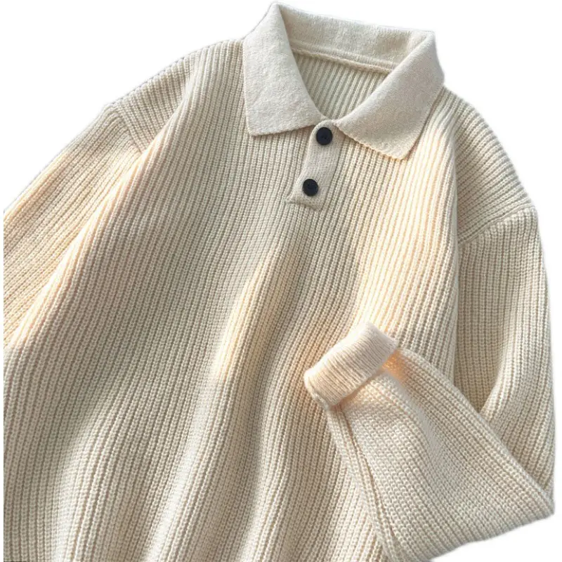 Japanese Retro Polo Collar Sweater Men's Solid Color Oversize 2022 - Image 8