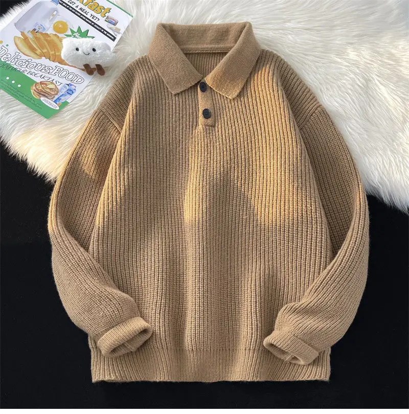 Japanese Retro Polo Collar Sweater Men's Solid Color Oversize 2022 — feature 10