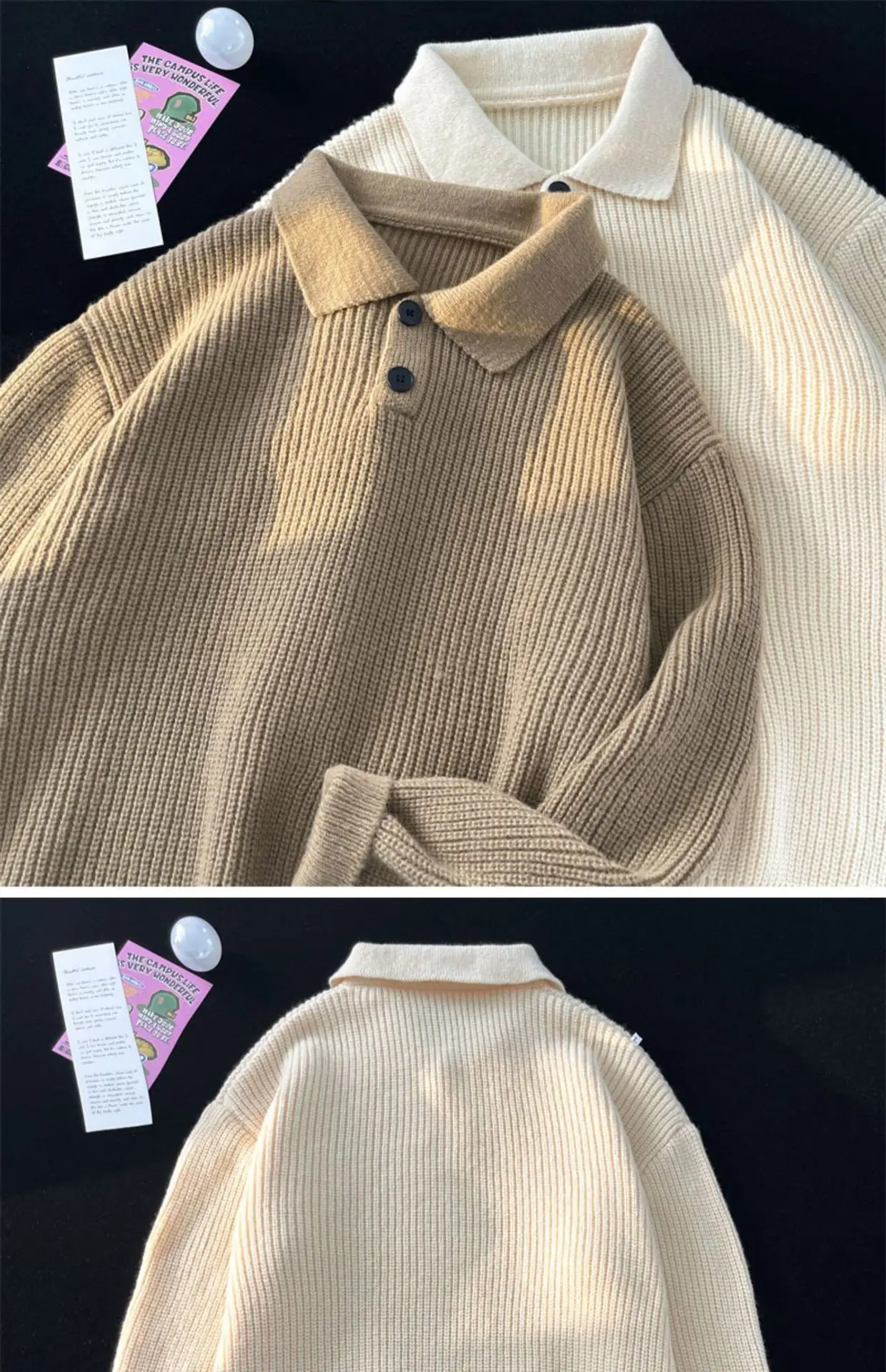 Japanese Retro Polo Collar Sweater Men's Solid Color Oversize 2022 — feature 11