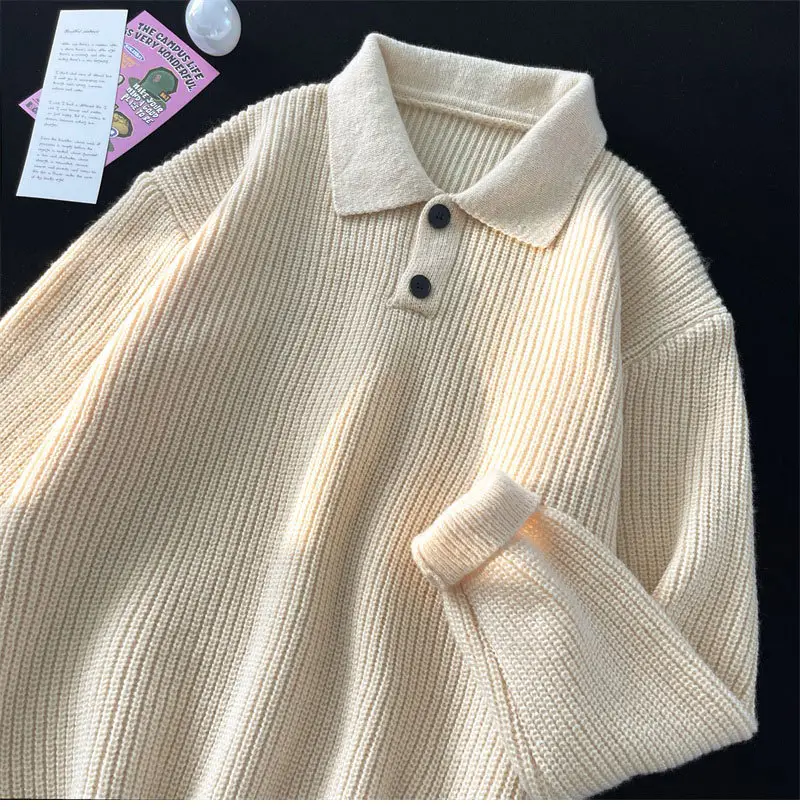 Japanese Retro Polo Collar Sweater Men's Solid Color Oversize 2022 — feature 13
