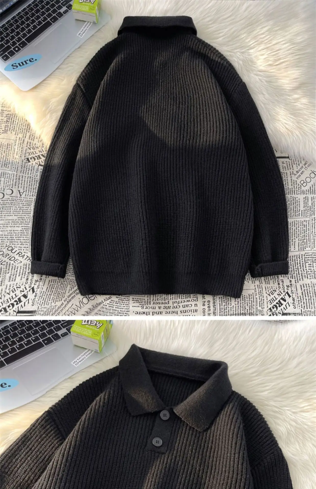 Japanese Retro Polo Collar Sweater Men's Solid Color Oversize 2022 — feature 15