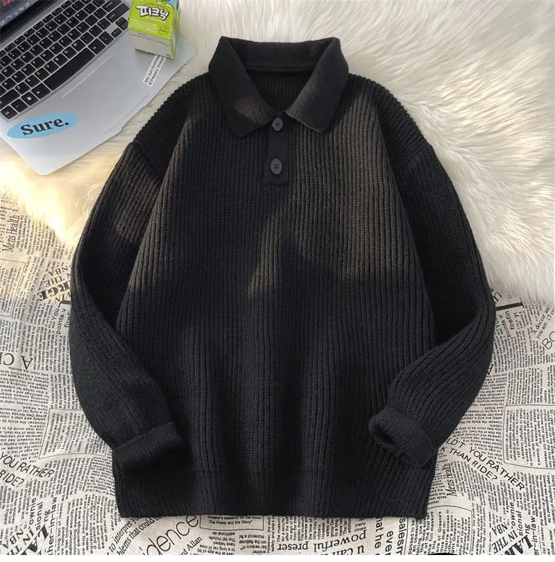 Japanese Retro Polo Collar Sweater Men's Solid Color Oversize 2022 — feature 17