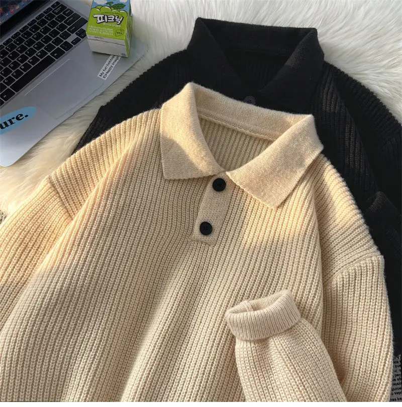 Japanese Retro Polo Collar Sweater Men's Solid Color Oversize 2022 — feature 18