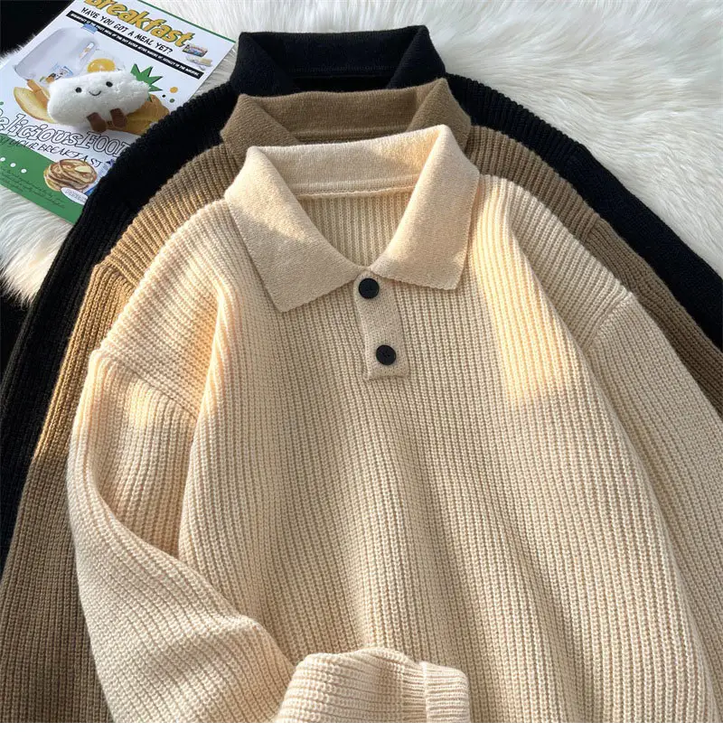 Japanese Retro Polo Collar Sweater Men's Solid Color Oversize 2022 — feature 2
