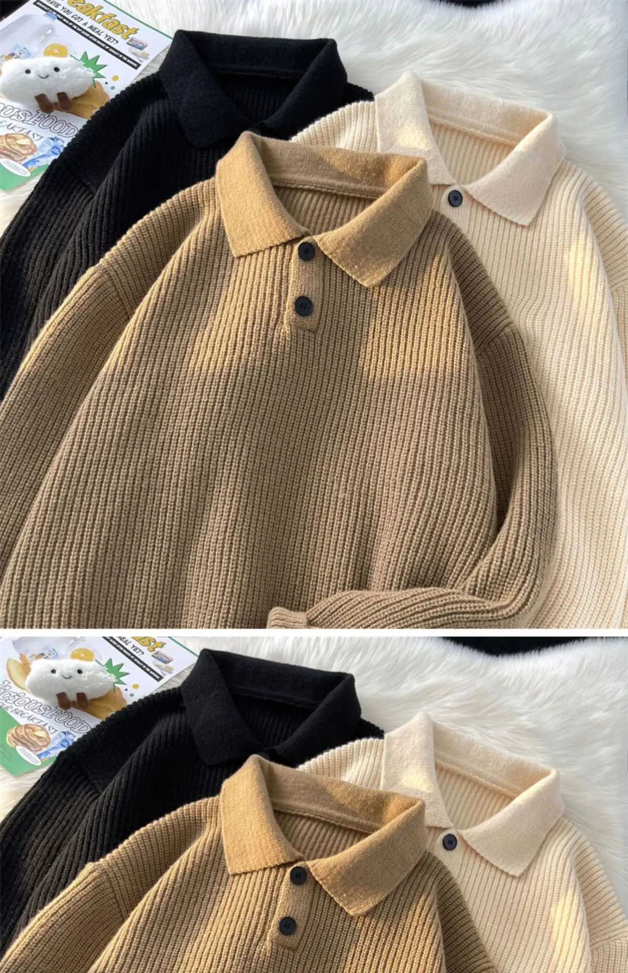 Japanese Retro Polo Collar Sweater Men's Solid Color Oversize 2022 — feature 3
