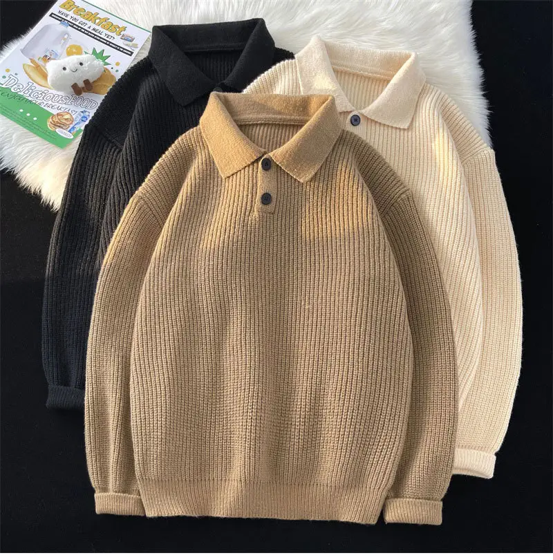 Japanese Retro Polo Collar Sweater Men's Solid Color Oversize 2022 — feature 5