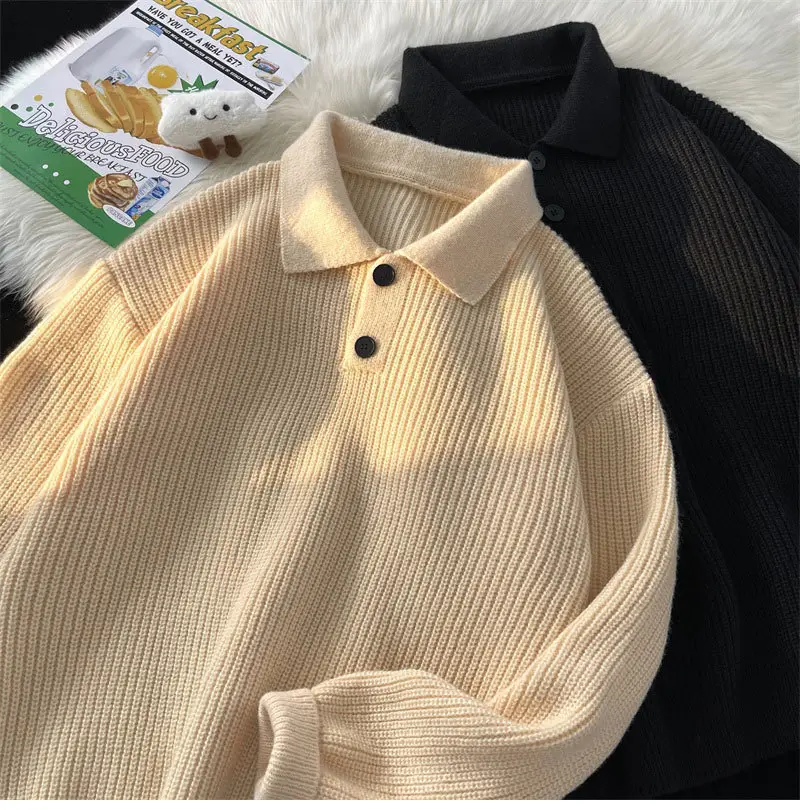 Japanese Retro Polo Collar Sweater Men's Solid Color Oversize 2022 — feature 6