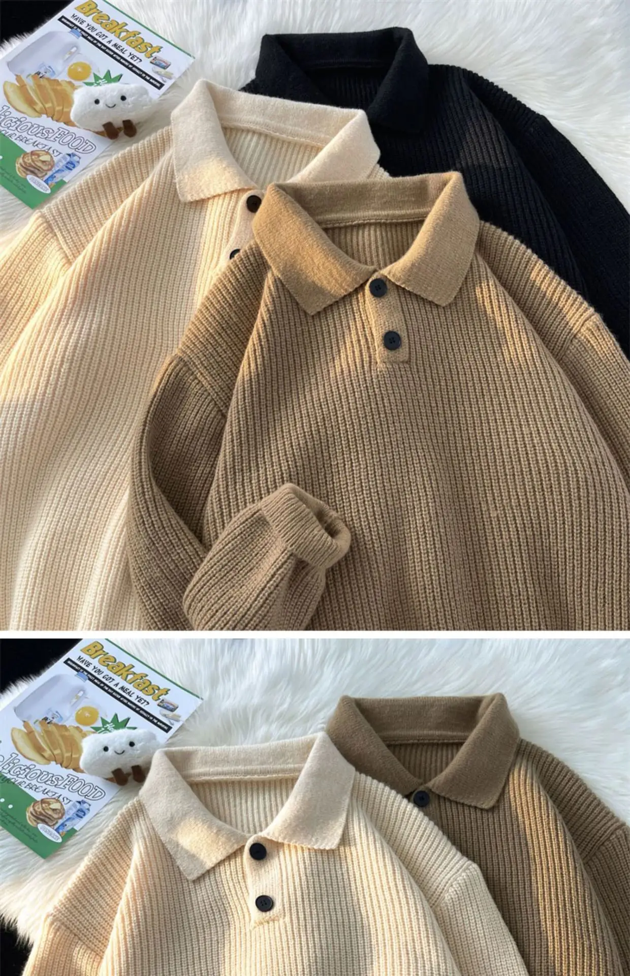 Japanese Retro Polo Collar Sweater Men's Solid Color Oversize 2022 — feature 7