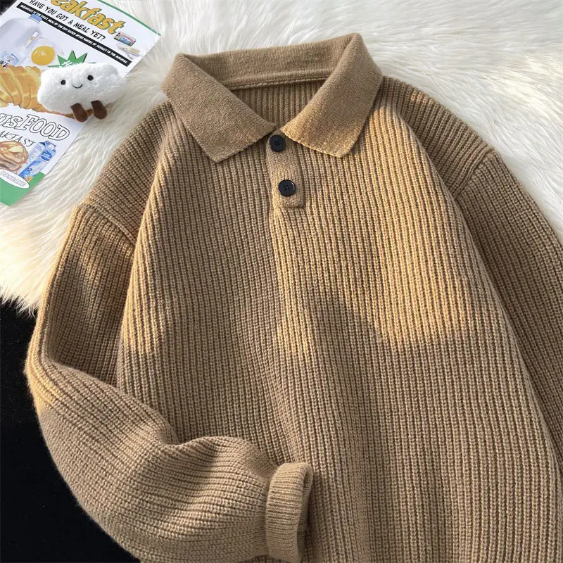 Japanese Retro Polo Collar Sweater Men's Solid Color Oversize 2022 - Image 2