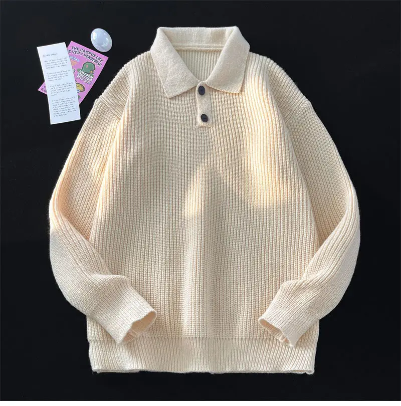 Japanese Retro Polo Collar Sweater Men's Solid Color Oversize 2022 - Image 3