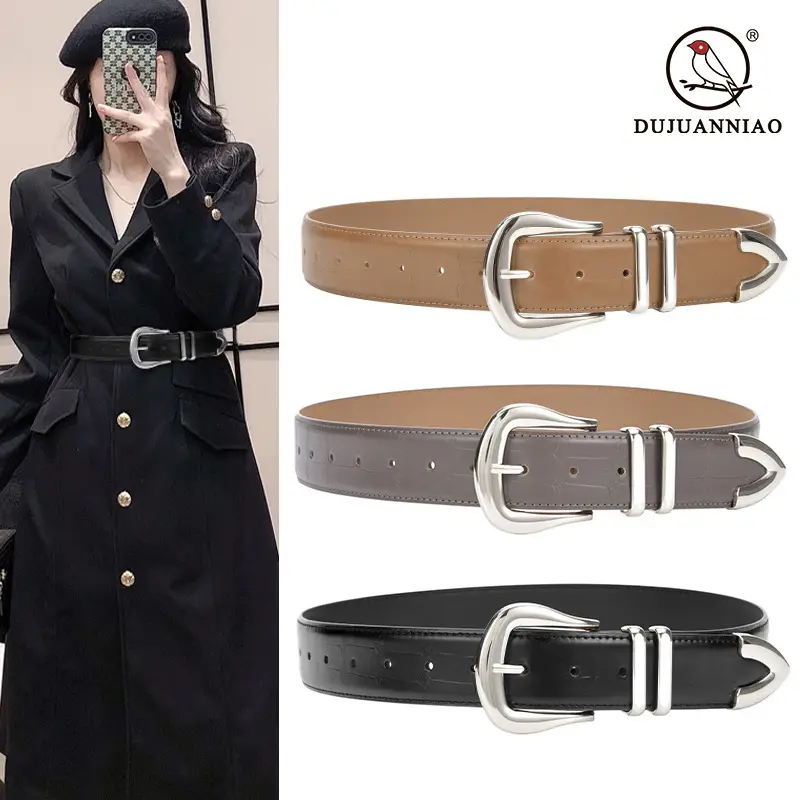 Women's Cowhide Belt Silver Buckle Tan Color