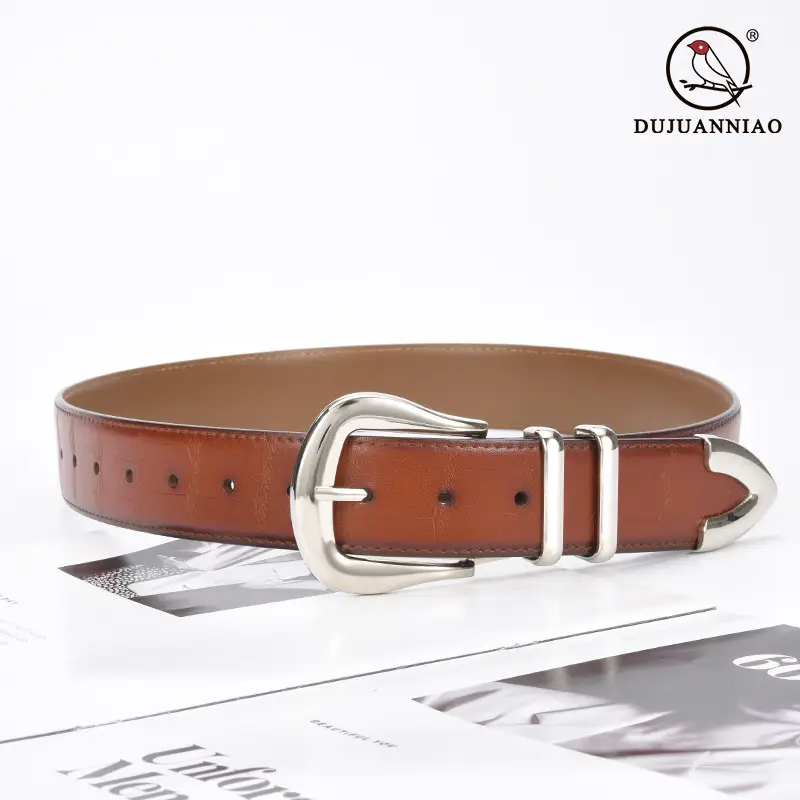 Women's Cowhide Belt Silver Buckle Tan Color
