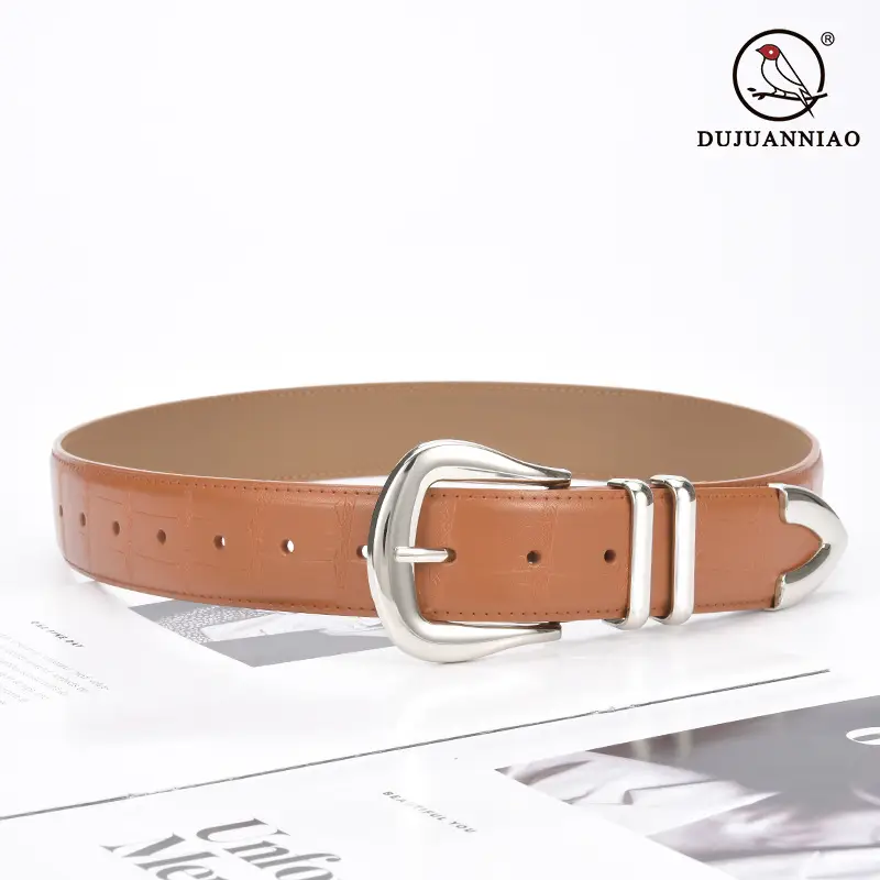 Women's Cowhide Belt Silver Buckle Tan Color