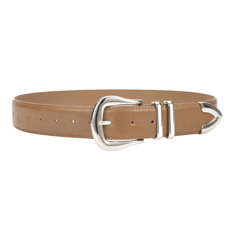 Women's Cowhide Belt Silver Buckle Tan Color