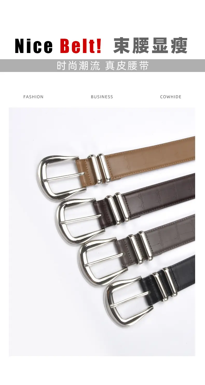Women's Cowhide Belt Silver Buckle Tan Color — feature 14