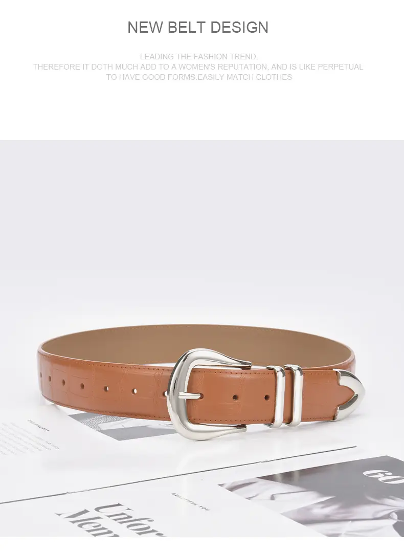 Women's Cowhide Belt Silver Buckle Tan Color — feature 21