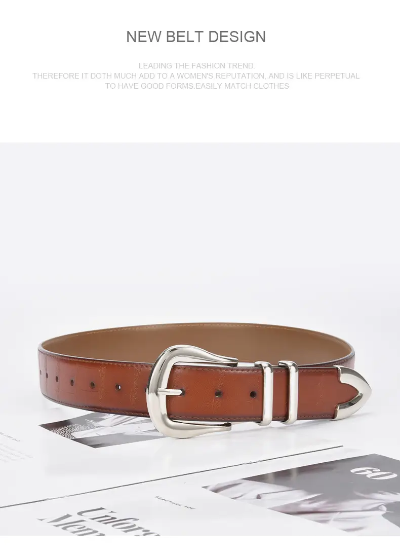 Women's Cowhide Belt Silver Buckle Tan Color — feature 22