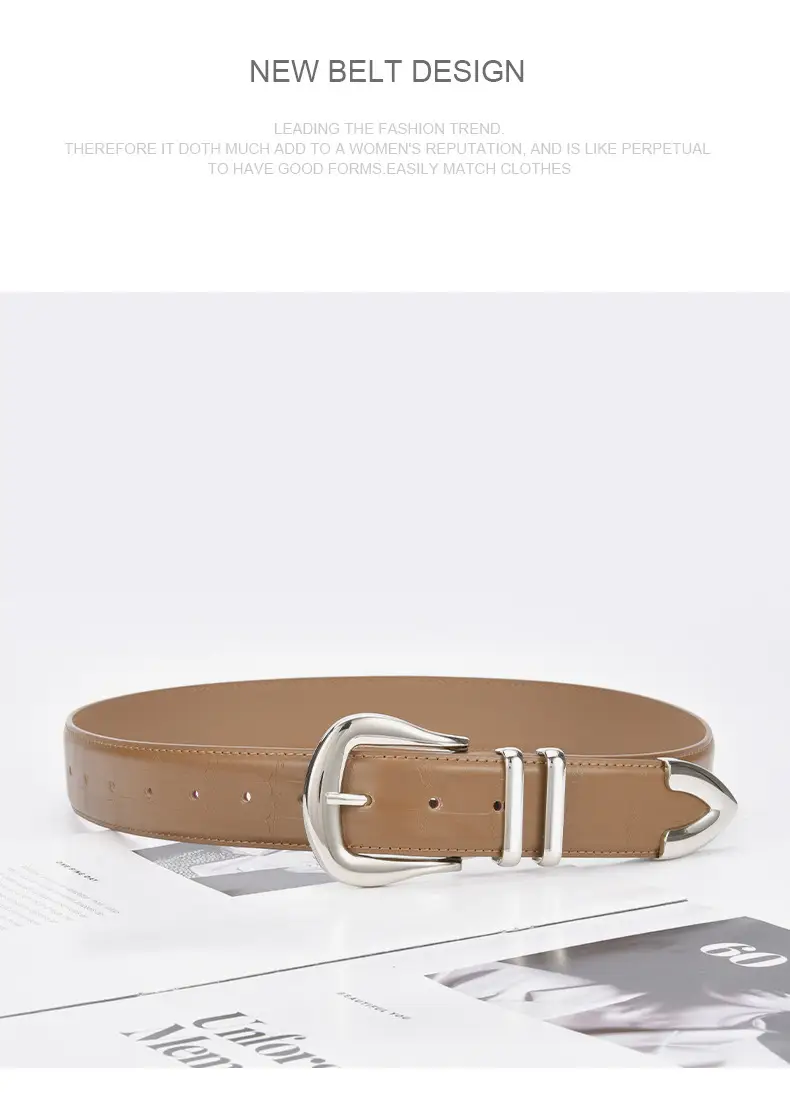 Women's Cowhide Belt Silver Buckle Tan Color — feature 23