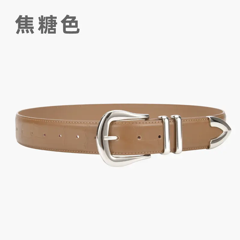 Women's Cowhide Belt Silver Buckle Tan Color