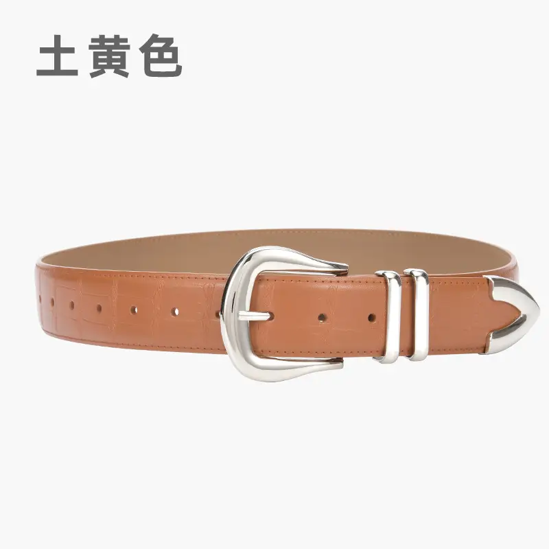 Women's Cowhide Belt Silver Buckle Tan Color