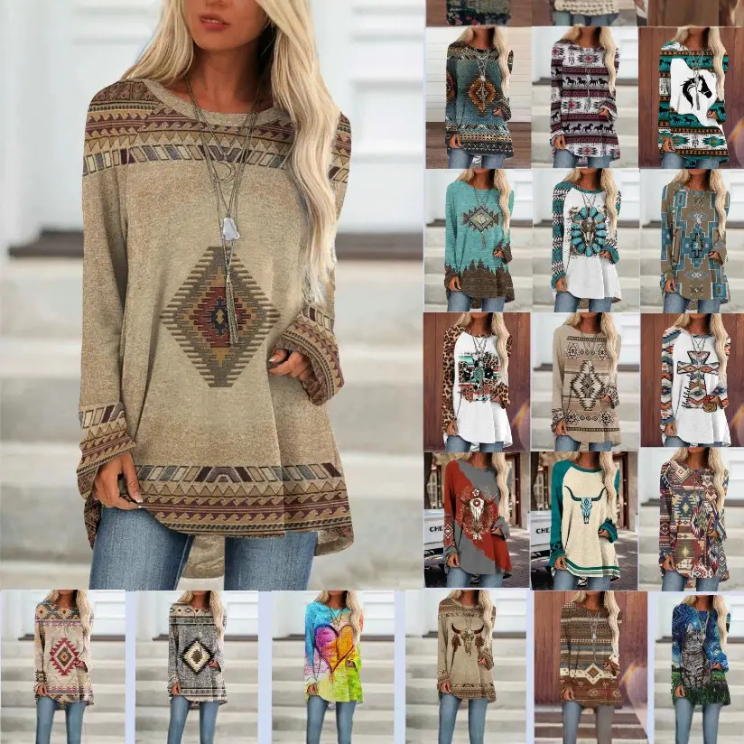 2022 foreign trade cross-border women's clothing fashion loose round neck digital printing Western style long sleeve top 2005