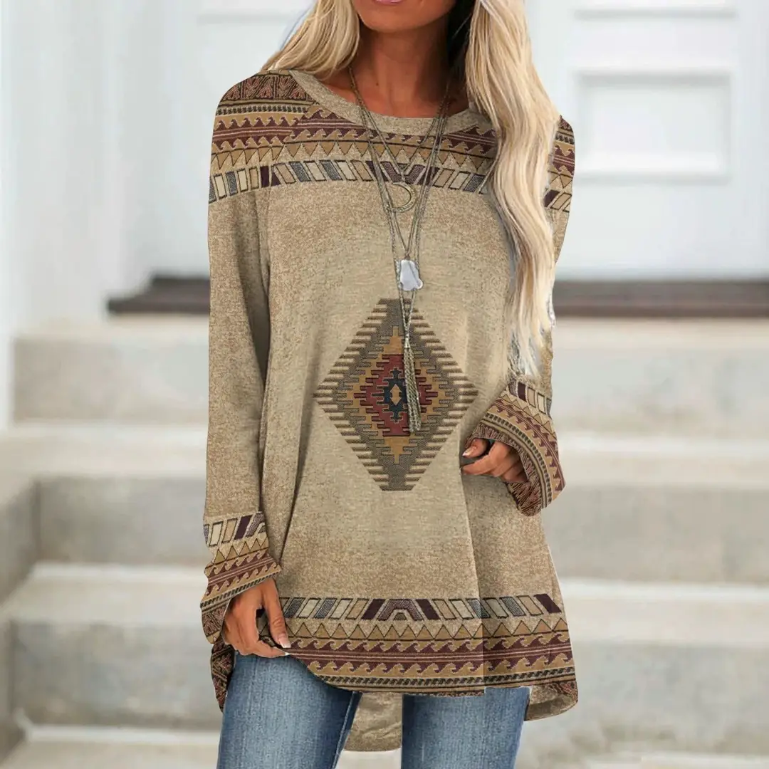 2022 foreign trade cross-border women's clothing fashion loose round neck digital printing Western style long sleeve top 2005