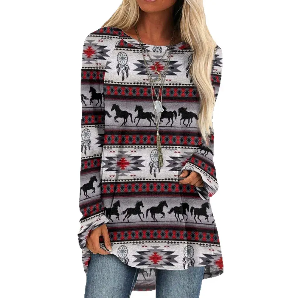 2022 foreign trade cross-border women's clothing fashion loose round neck digital printing Western style long sleeve top 2005