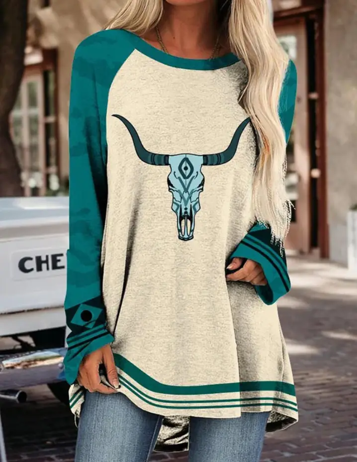 2022 foreign trade cross-border women's clothing fashion loose round neck digital printing Western style long sleeve top 2005 — feature 18