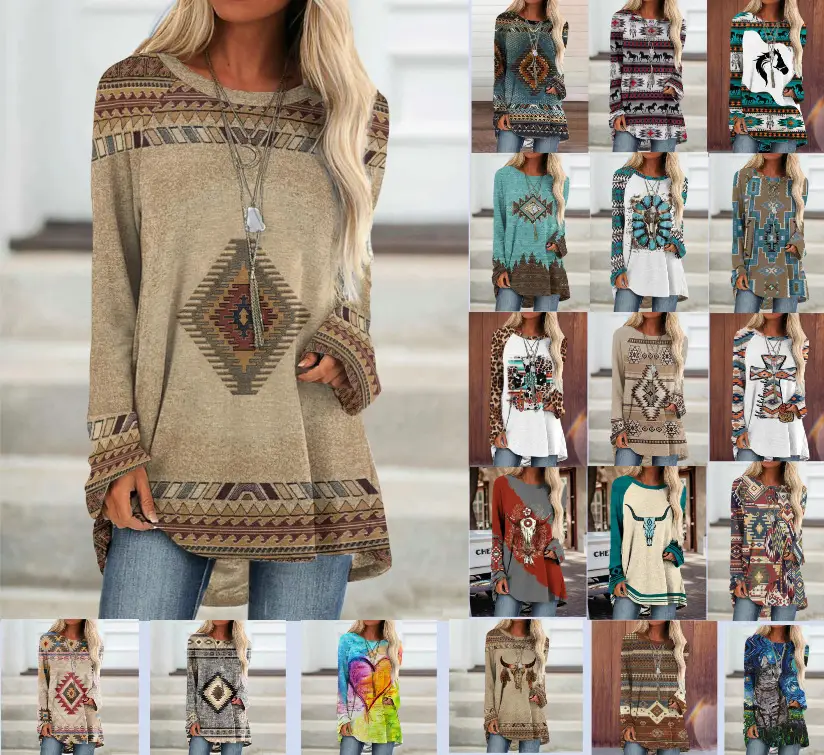 2022 foreign trade cross-border women's clothing fashion loose round neck digital printing Western style long sleeve top 2005 — feature 2