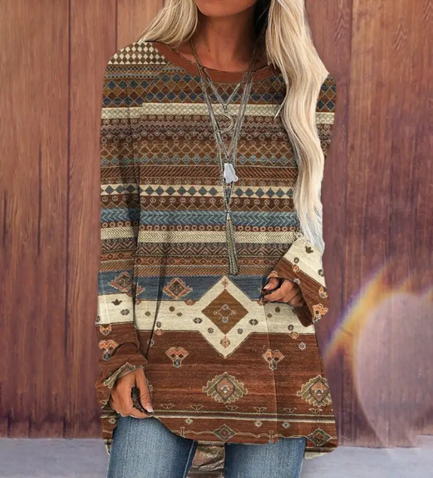 2022 foreign trade cross-border women's clothing fashion loose round neck digital printing Western style long sleeve top 2005