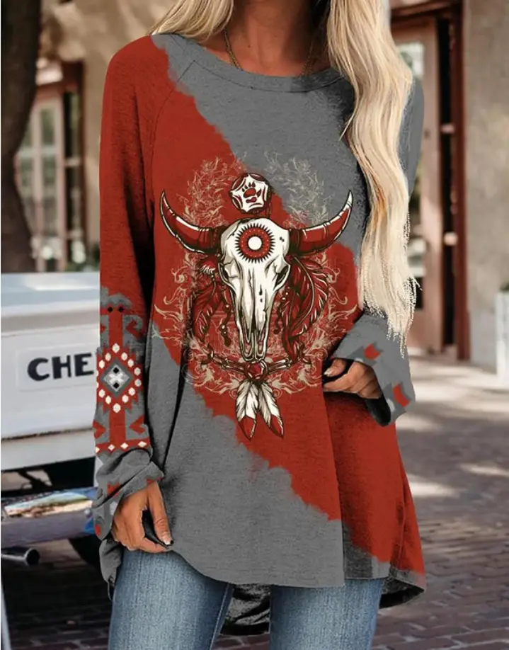 2022 foreign trade cross-border women's clothing fashion loose round neck digital printing Western style long sleeve top 2005