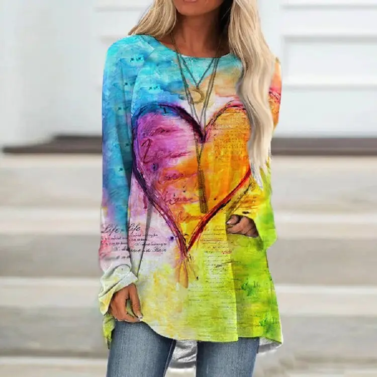 2022 foreign trade cross-border women's clothing fashion loose round neck digital printing Western style long sleeve top 2005