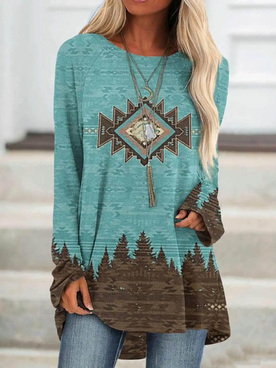 2022 foreign trade cross-border women's clothing fashion loose round neck digital printing Western style long sleeve top 2005