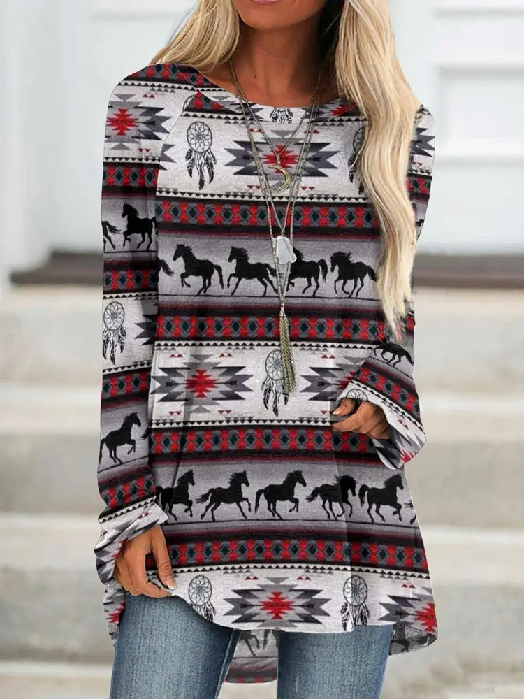 2022 foreign trade cross-border women's clothing fashion loose round neck digital printing Western style long sleeve top 2005