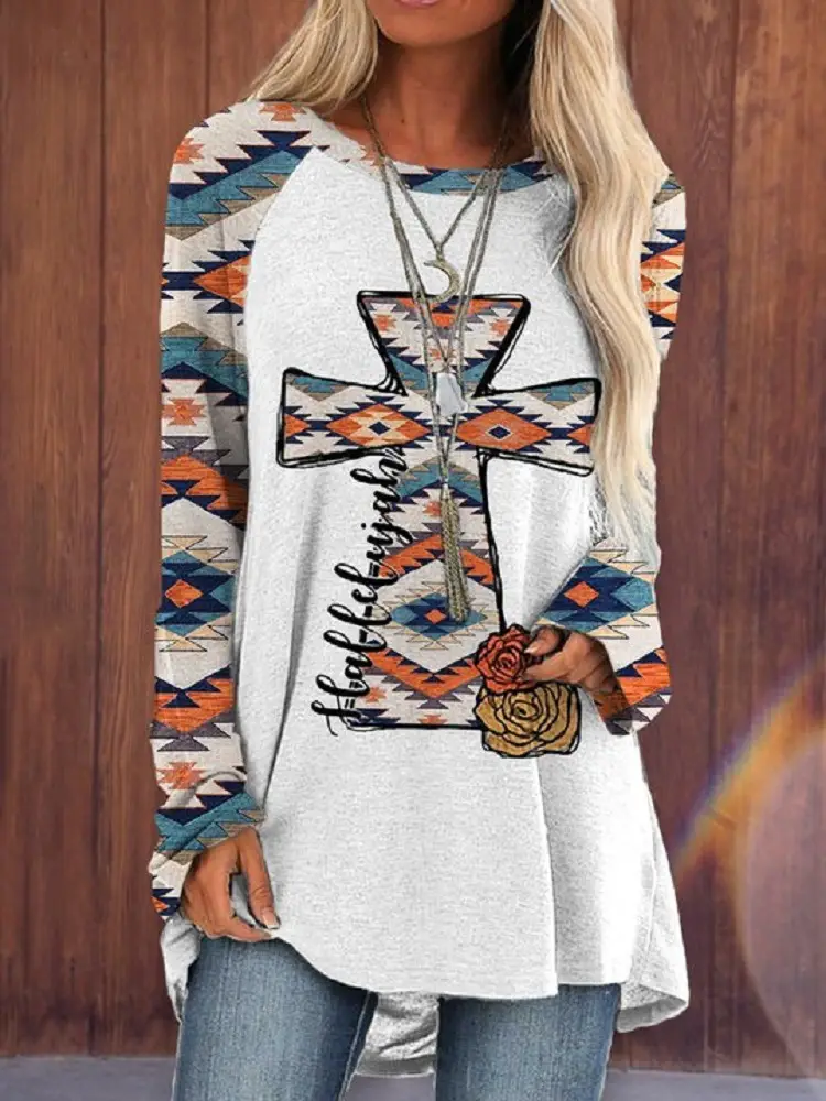 2022 foreign trade cross-border women's clothing fashion loose round neck digital printing Western style long sleeve top 2005