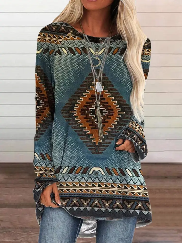 2022 foreign trade cross-border women's clothing fashion loose round neck digital printing Western style long sleeve top 2005
