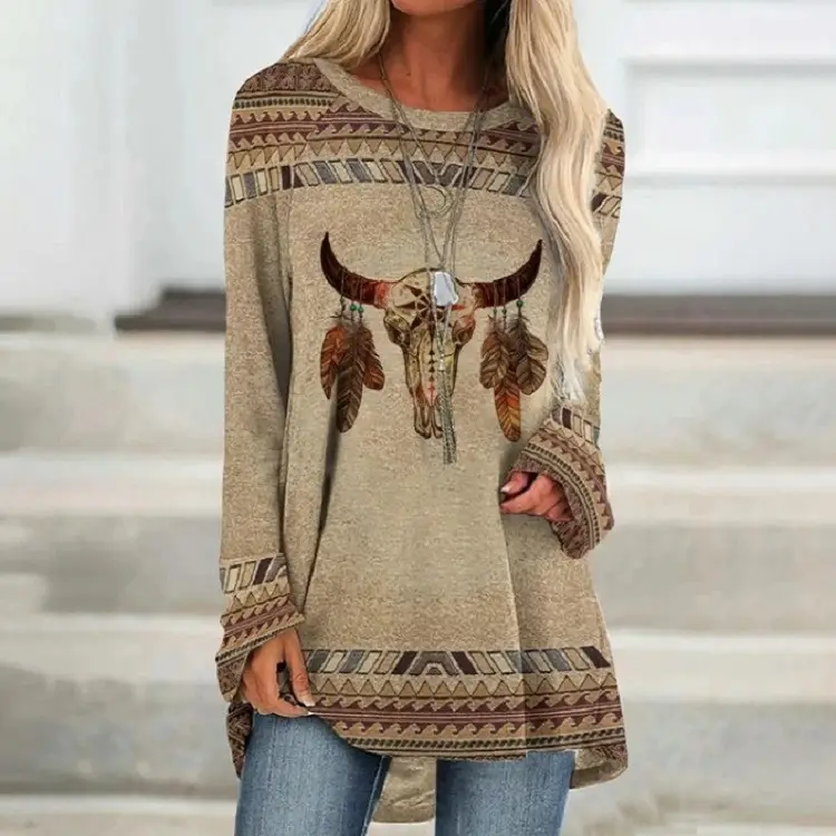 2022 foreign trade cross-border women's clothing fashion loose round neck digital printing Western style long sleeve top 2005