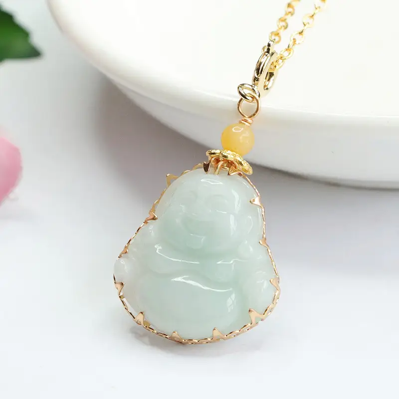 Guan Yu Jadeite Buddha Pendant Necklace Green Gold - Image 3