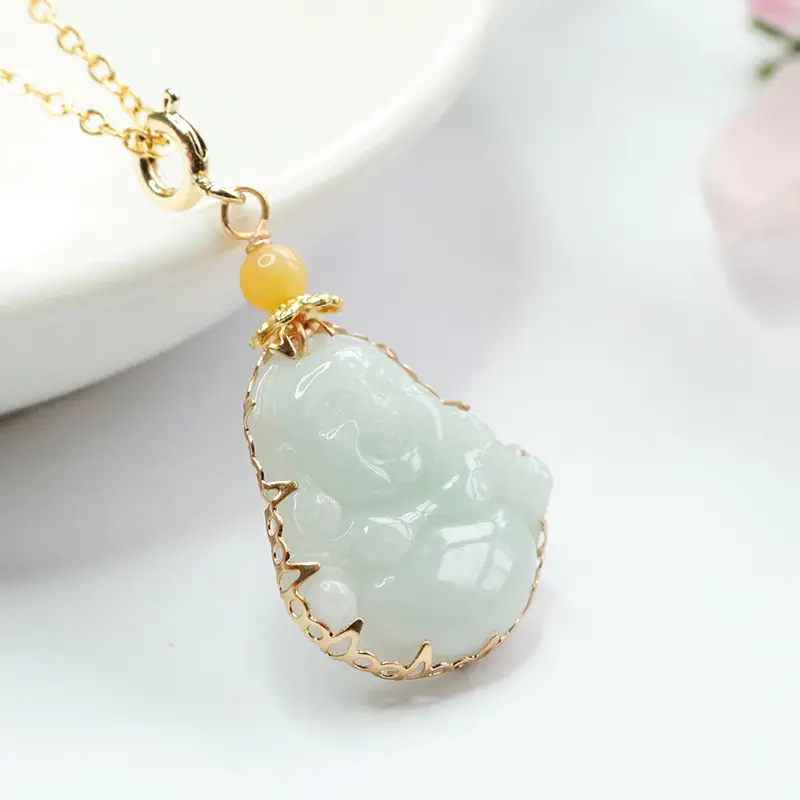 Guan Yu Jadeite Buddha Pendant Necklace Green Gold - Image 4