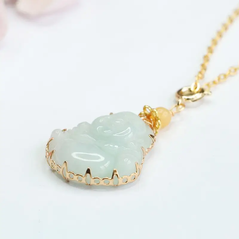 Guan Yu Jadeite Buddha Pendant Necklace Green Gold — feature 8