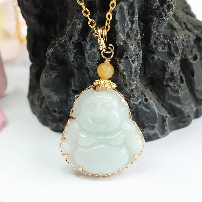 Guan Yu Jadeite Buddha Pendant Necklace Green Gold — feature 9