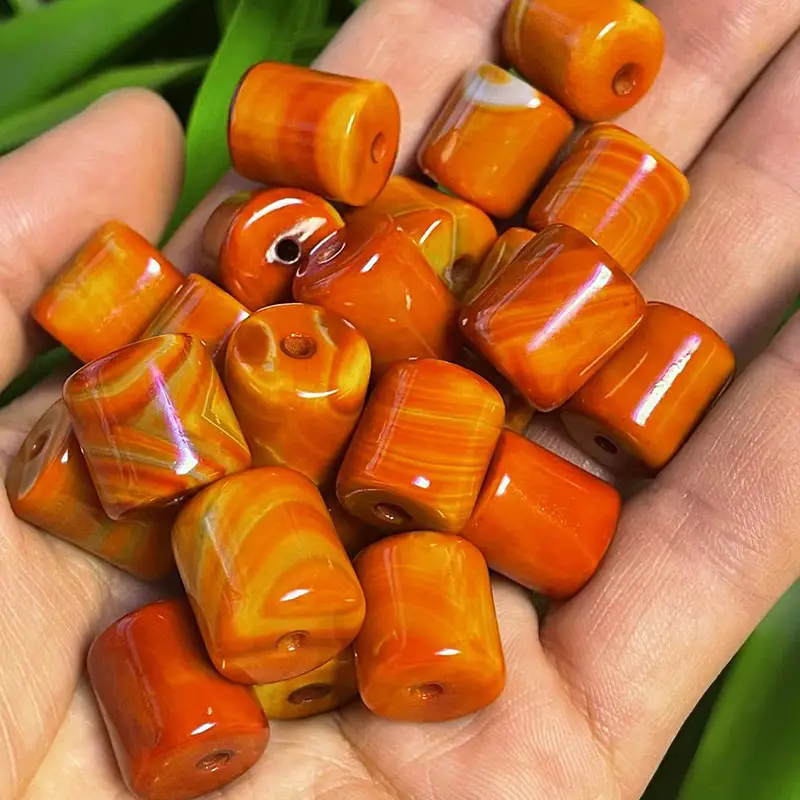 Xizang Old Agate Red Silk Cylindrical Loose Beads 10x11mm - Image 2