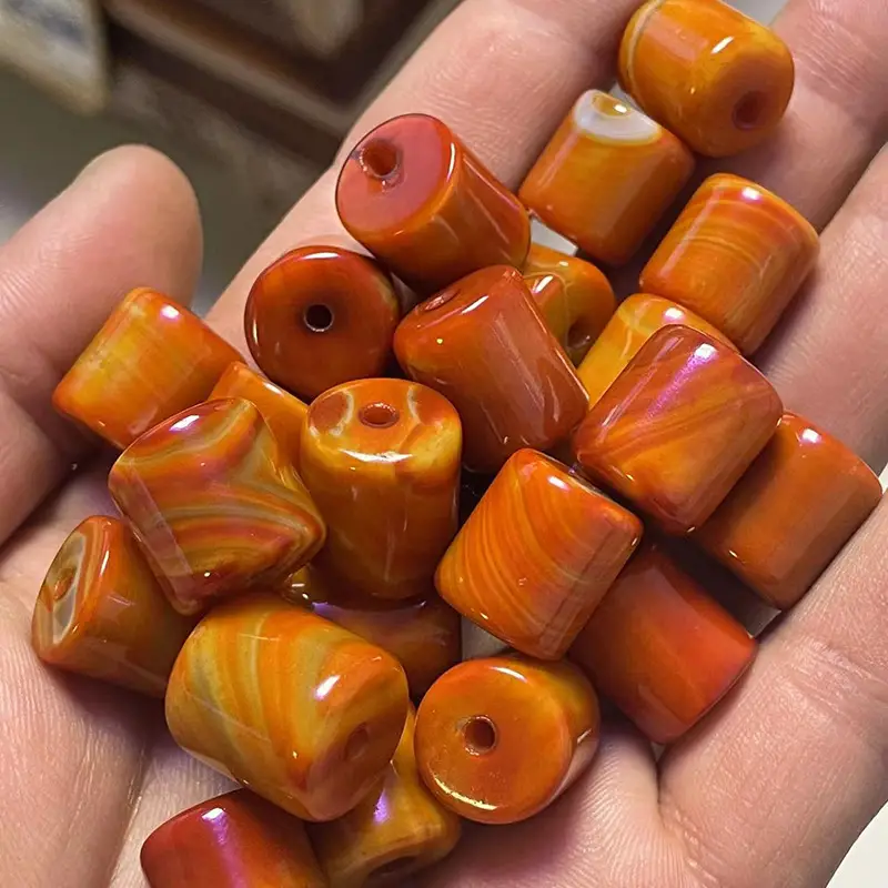 Xizang Old Agate Red Silk Cylindrical Loose Beads 10x11mm - Image 3